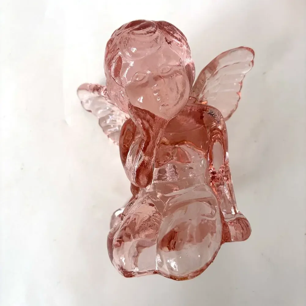 Vintage 1960s Pink Pressed Glass Cherub Angel Candle Holders Set of 2